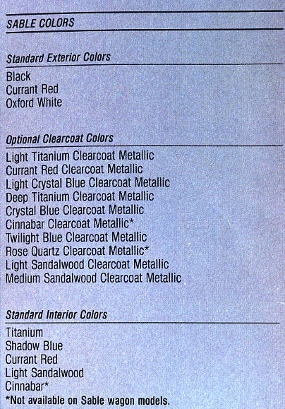 1989 Sable Colors